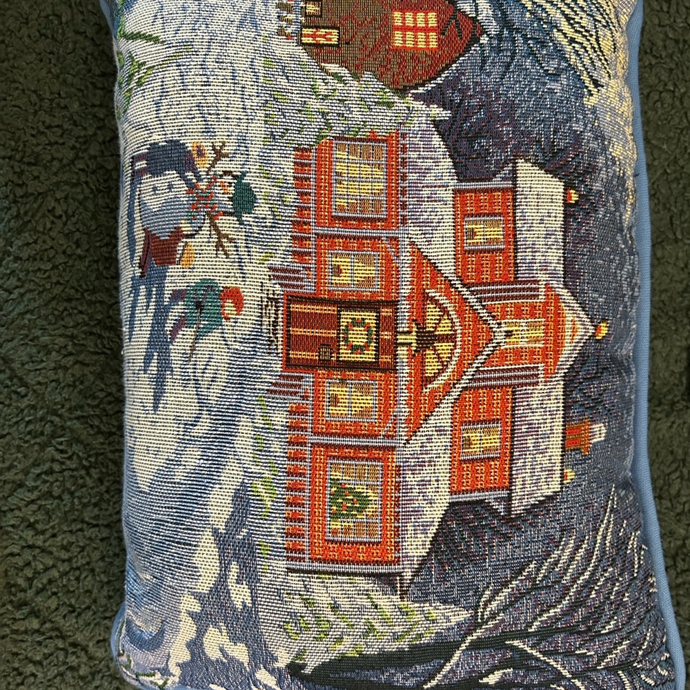 Tapestry accent pillow with Holiday snowman scene